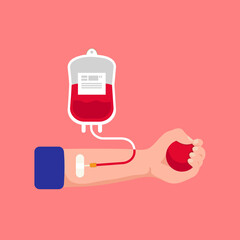 Blood donation poster. Plasma transfusion center sign. Medical clinic for transmission fluid. Bag hand pump. Vector illustration.