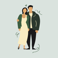 Simple wedding couple. Bridge and groom. Romantic boy and girl in love. Casual dressing matrimony. Flat color vector illustration.
