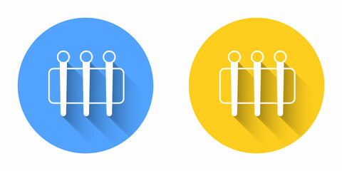 White Needle for sewing icon isolated with long shadow background. Tailor symbol. Textile sew up craft sign. Embroidery tool. Circle button. Vector