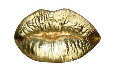 Luxury gold lips make-up. Golden lips with golden lipstick. Gold paint on lips of sexy girl. Sensual woman mouth, isolated background. Golden make up.