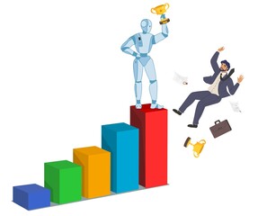 Robot machine winner standing on bar chart top and businessman falling down from it. Artificial intelligence, vector.
