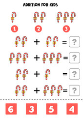 Addition worksheet with cartoon Christmas candy. Math game.