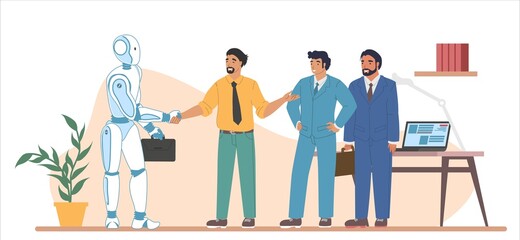 Smart robot machine and humans working together, vector illustration. AI and human collaboration, cooperation.