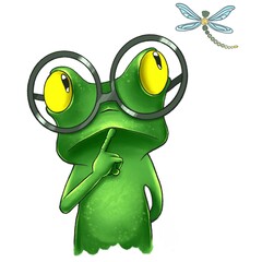 Brooding green frog with big eyes, watching a dragonfly on an isolated white background. Illustration for designers, book publishers, for printing on T-shirts, fabric, phone covers, posters, postcards
