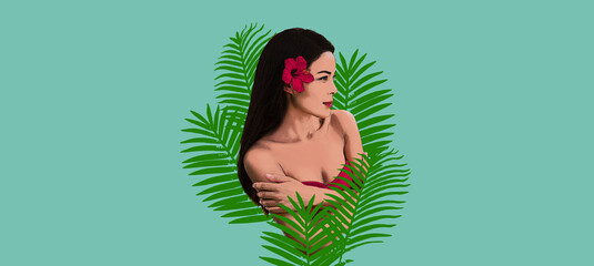 Tropical Asian woman profile on blue banner panoramic header background. Bikini model polynesian concept. - obrazy, fototapety, plakaty