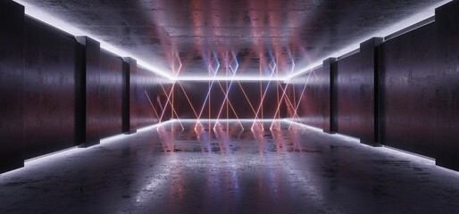 Sci Fi Modern Futuristic Cyber Neon Glowing Vibrant Purple Blue Lines Laser Club Stage Tunnel With Stairs Reflective Grunge Concrete White Glow 3D Rendering