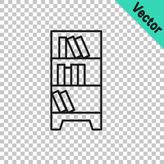 Black line Library bookshelf icon isolated on transparent background. Vector