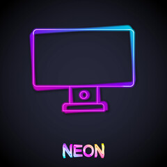 Glowing neon line Computer monitor icon isolated on black background. PC component sign. Vector