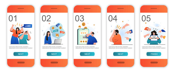 Bullying concept onboarding screens for mobile app templates. People suffer from abuse and stress. Modern UI, UX, GUI screens user interface kit with people scenes for web design. Vector illustration