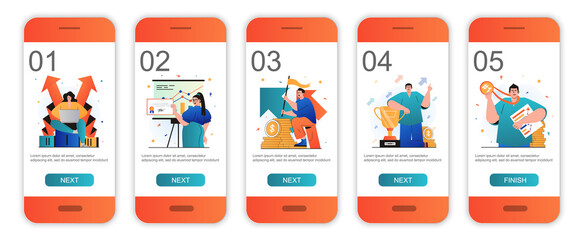 Business award concept onboarding screens for mobile app templates. Success and achieving goals. Modern UI, UX, GUI screens user interface kit with people scenes for web design. Vector illustration