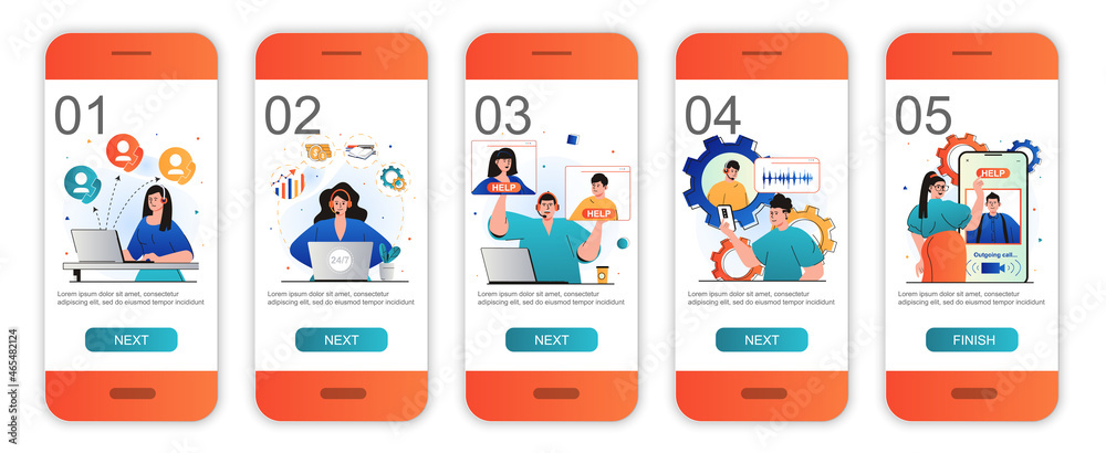 Wall mural customer service concept onboarding screens for mobile app templates. answer calls and messages. mod