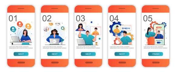 Customer service concept onboarding screens for mobile app templates. Answer calls and messages. Modern UI, UX, GUI screens user interface kit with people scenes for web design. Vector illustration