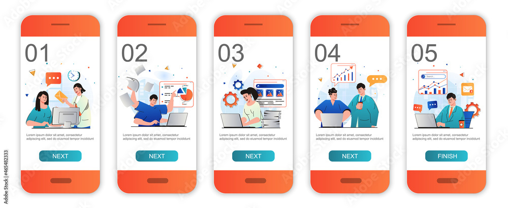 Aufkleber Office work concept onboarding screens for mobile app templates. Colleagues doing tasks, paperwork. Modern UI, UX, GUI screens user interface kit with people scenes for web design. Vector illustration