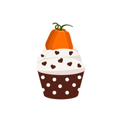 Cupcakewith orange pumpkin and sugar cream with chocolate heart decoration dessert. Thanksgiving or harvest festival sweets food isolated on white background. Flat design cartoon vector illustration