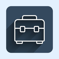 White line Toolbox icon isolated with long shadow background. Tool box sign. Blue square button. Vector