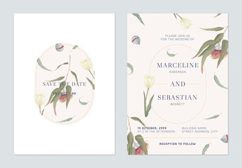 Fototapeta na wymiar Floral wedding invitation card template design, Eucalyptus rhodantha and tulips on brown