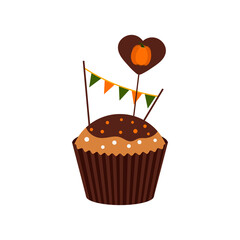 Cupcake with pumpkin on decoration and garland with flags dessert. Thanksgiving or harvest festival sweets food isolated on white background. Flat design cartoon vector icing muffin illustration