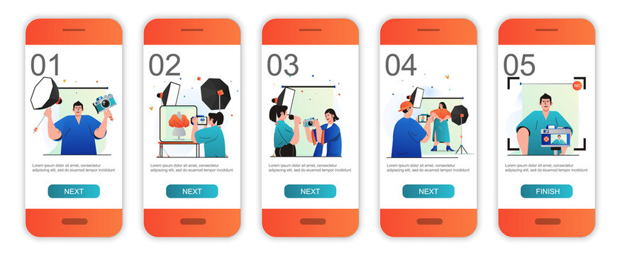 Photo studio concept onboarding screens for mobile app templates. Photographers do photo shoots. Modern UI, UX, GUI screens user interface kit with people scenes for web design. Vector illustration