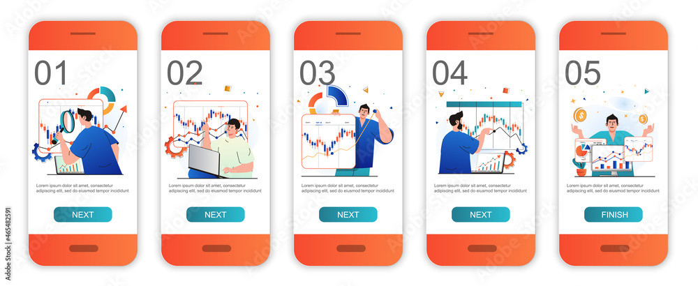 Wall mural stock market concept onboarding screens for mobile app templates. analyzing financial data graph. mo