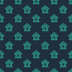 Green line Dog house icon isolated seamless pattern on blue background. Dog kennel. Vector