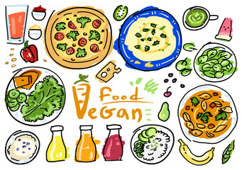 Vector isolated illustrations. Vegan food doodles: juices, mashed potatoes, rice with salad, corn salad, shell pasta with sauce, matcha, porridge with blueberries, pizza. Colored cartoon paint.