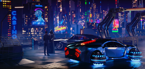 Futuristic Cyberpunk Night City Scene. 3D illustration	