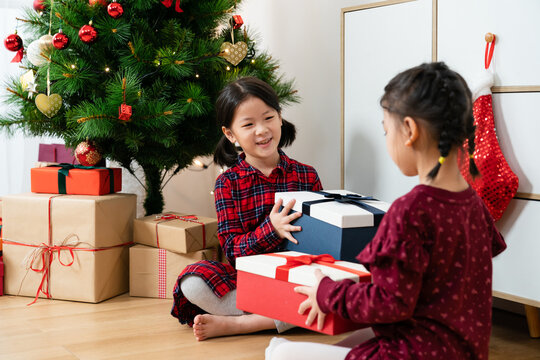 Selective Focus Of Two Asian Little Girls Exchanging Gifts On Christmas Day In A Cozy Living Room With A Christmas Tree.