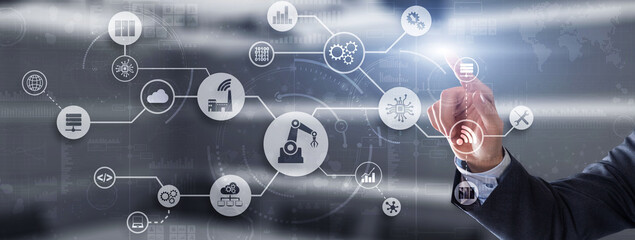 RPA Universal Technology Background for your business. 3D icons on virtual screen