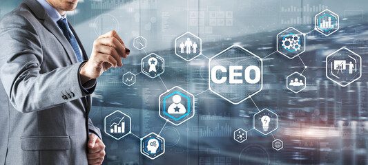 CEO concept. Businessman pressing virtual screen inscription boss