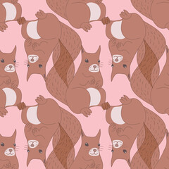 Cute squirrel vector repeat pattern on pink background