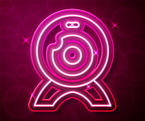 Glowing neon line Web camera icon isolated on red background. Chat camera. Webcam icon. Vector