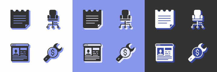 Set Repair price, Notebook, Resume and Office chair icon. Vector