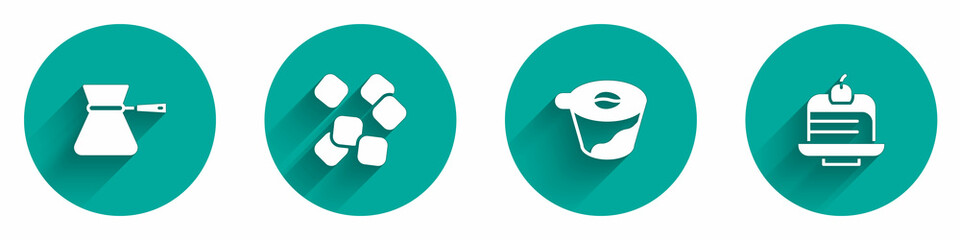 Set Coffee turk, Sugar cubes, Pour over coffee maker and Piece cake icon with long shadow. Vector