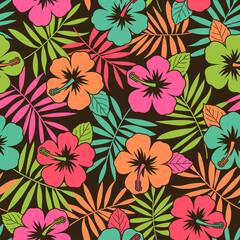 Colorful hibiscus and palm leaf pattern vector background.