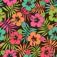 Foto op Canvas Colorful hibiscus and palm leaf pattern vector background. © NTRdesign
