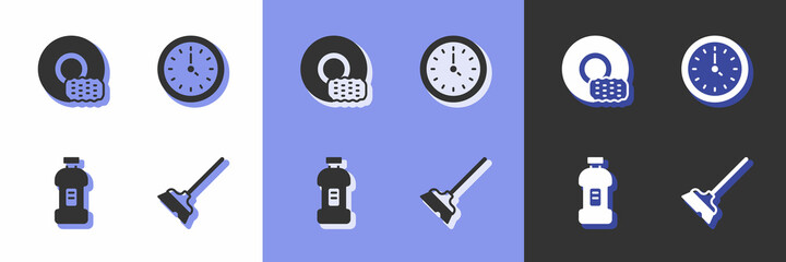 Set Mop, Washing dishes, Bottle for detergent and Clock icon. Vector