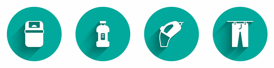 Set Trash can, Bottle for detergent, Portable vacuum cleaner and Drying clothes icon with long shadow. Vector