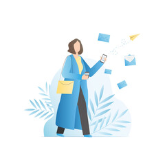 Vector woman with coffee sends, receives an online letter, envelopes, sms on Internet, e-mail. Sending, receiving open read messages on mobile phone.Girl launched paper,mail airplane.New notification.