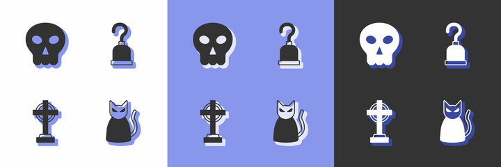 Set Black cat, Skull, Tombstone with cross and Pirate hook icon. Vector