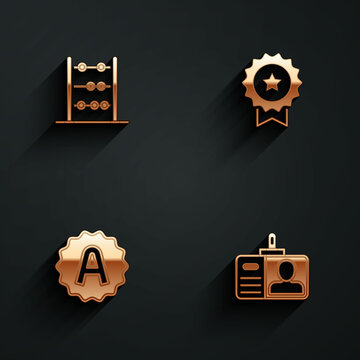 Set Abacus, Medal with star, Exam sheet plus grade and Identification badge icon with long shadow. Vector