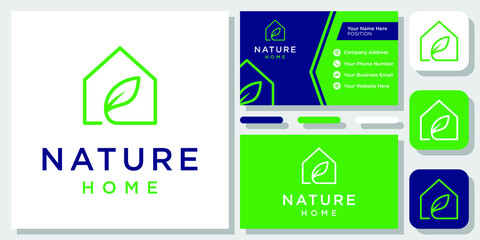 Home Leaf House Nature Building Organic Green logo design inspiration with Layout Template Business Card