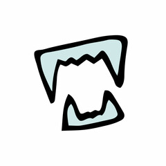 Doodle Halloween vampire fangs. Color canines isolated on white background. Hand-drawn cute scary tusks. Mystical sketch. Vector cuspid illustration for spooky autumn holidays, The day of the Dead