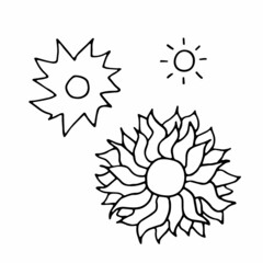 Space doodle set. Hand drawn Sun isolated on white background. Outline astronomical object. Sunny day, clear weather, Synoptic sign. Vacation, travel symbol. Vector children education illustration