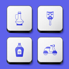 Set Bottle of olive oil, Carnival mask, Perfume and Scooter icon. White square button. Vector