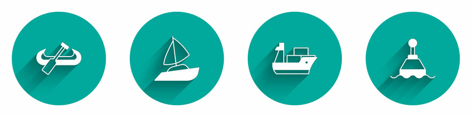 Set Kayak and paddle, Yacht sailboat, Cargo ship and Floating buoy icon with long shadow. Vector
