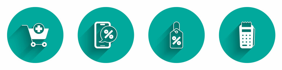 Set Add to Shopping cart, Percent discount on phone, Discount percent tag and POS terminal icon with long shadow. Vector
