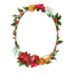 Oval frame with poinsettia and holly