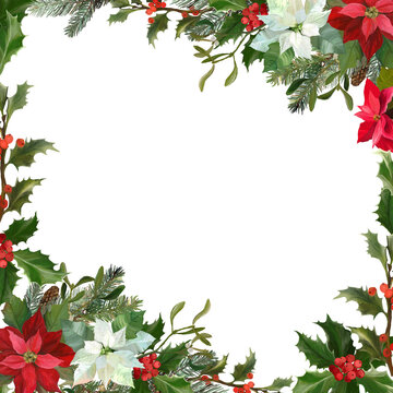 Christmas frame made of holly, mistletoe and spruce branches