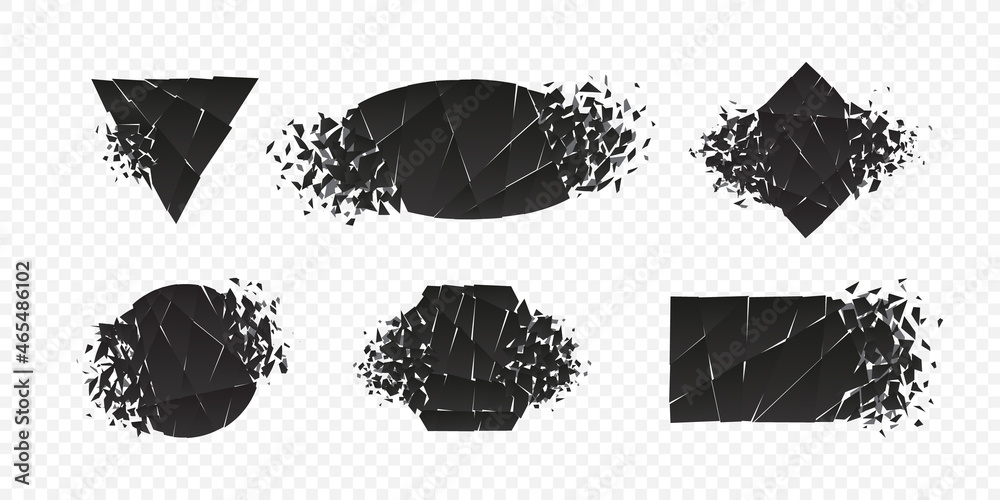 Poster shape explosion broken and shattered flat style design vector illustration set isolated on transpare