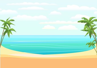 Fototapeta na wymiar Sea beach. Summer seascape. Far away is the ocean horizon. Calm weather. Flat style illustration. Vector.